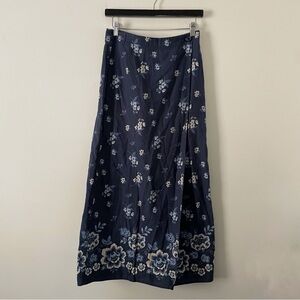 Eddie Bauer Vintage Navy Blue Cream Floral Linen Blend Midi Wrap Skirt Size 6